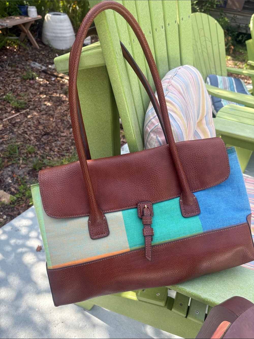 Liz Claiborne Leather-Trim Multicolor Canvas Tote Bag - Brown & Aqua